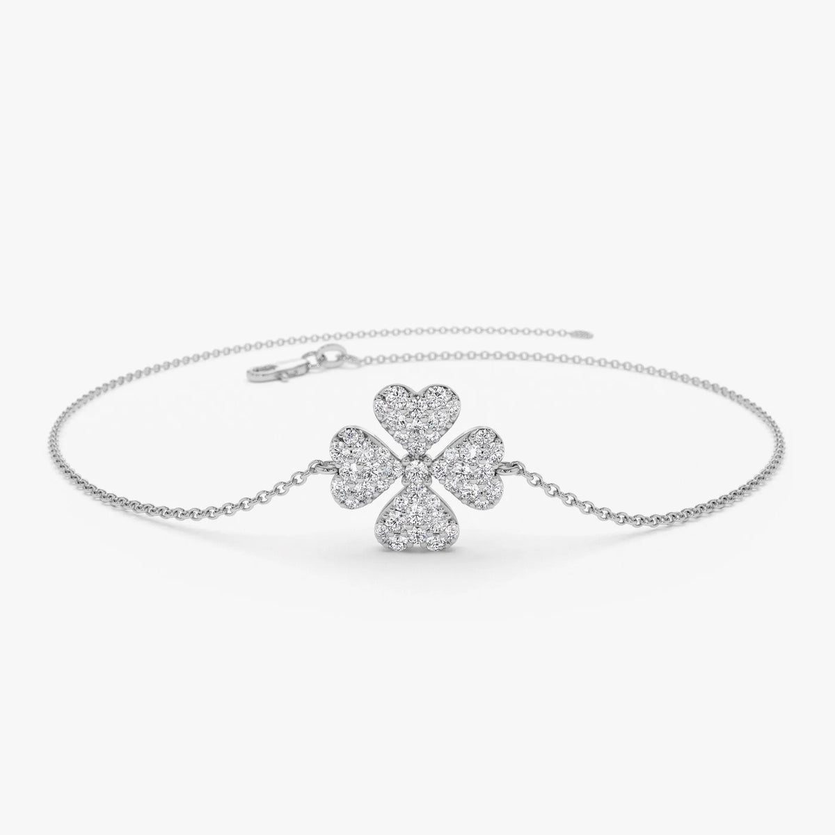 14K Solid Gold 0.25 CTW Round Diamond Clover Charm Bracelet