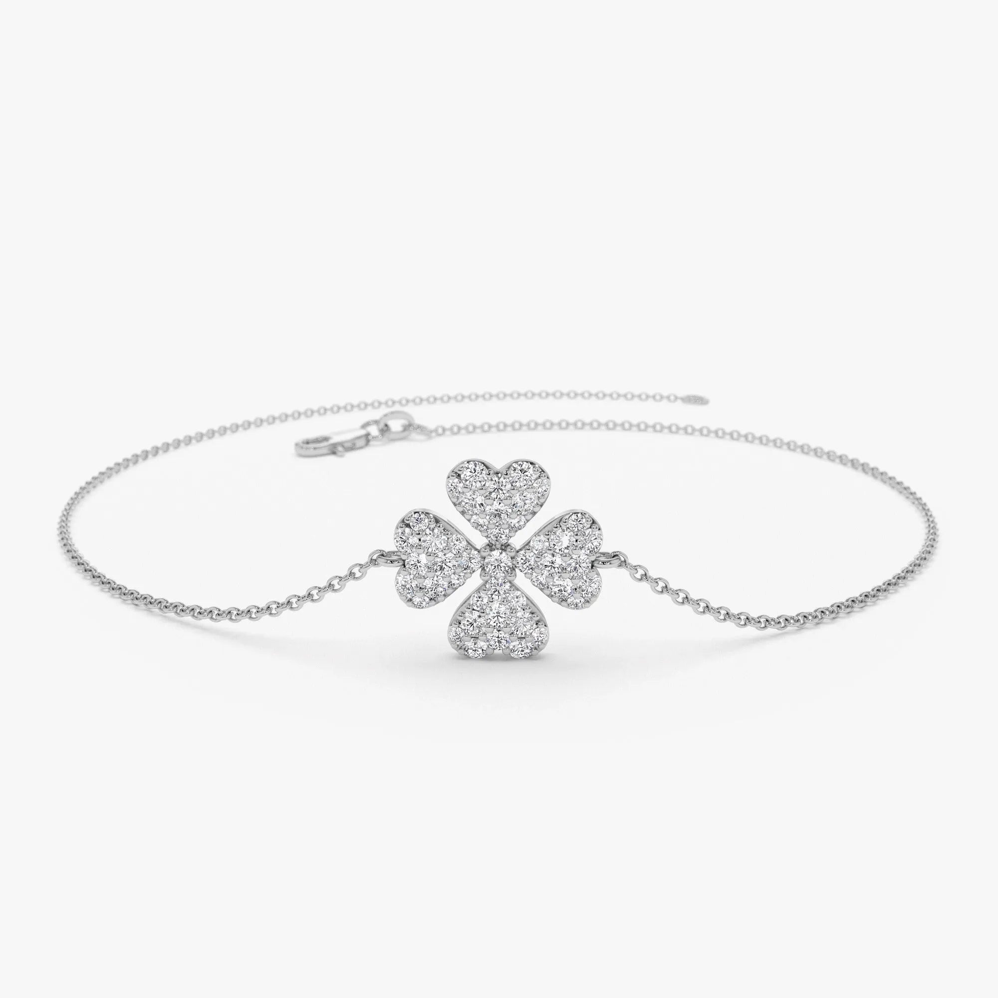 14K Solid Gold 0.25 CTW Round Diamond Clover Charm Bracelet