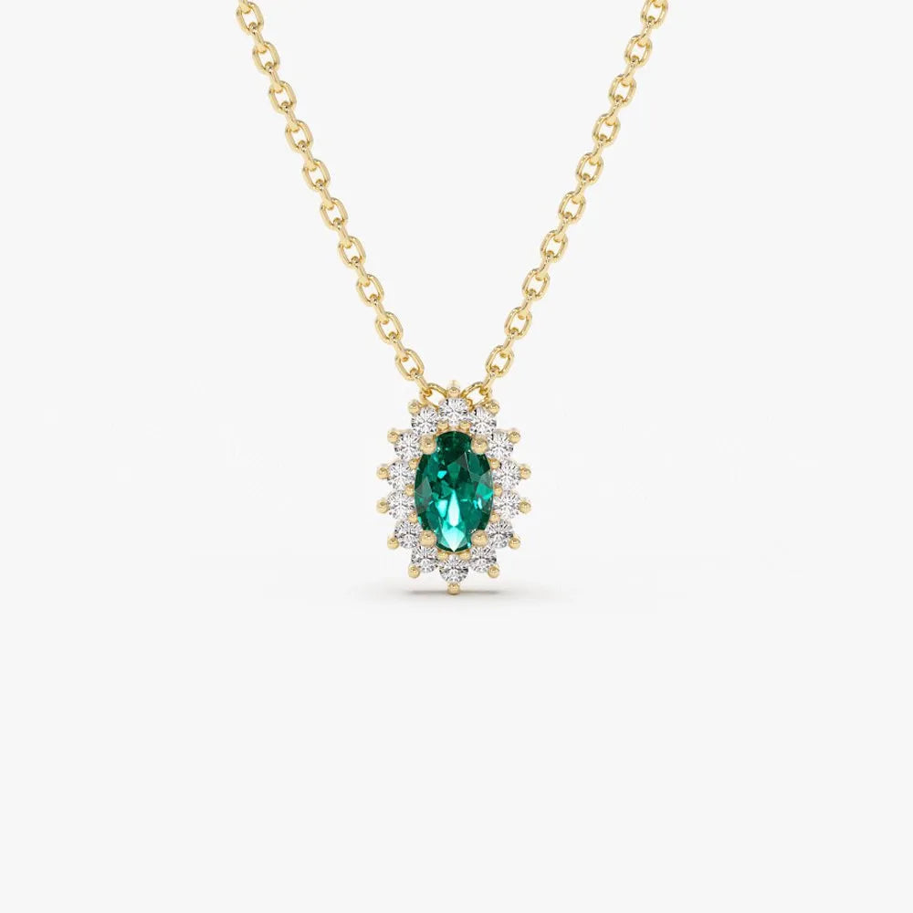 14k Solid Gold Oval Emerald 0.25 CTW and Round Diamond 0.12 CTW Halo Necklace
