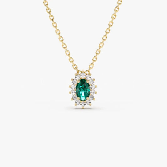 14k Solid Gold Oval Emerald 0.25 CTW and Round Diamond 0.12 CTW Halo Necklace