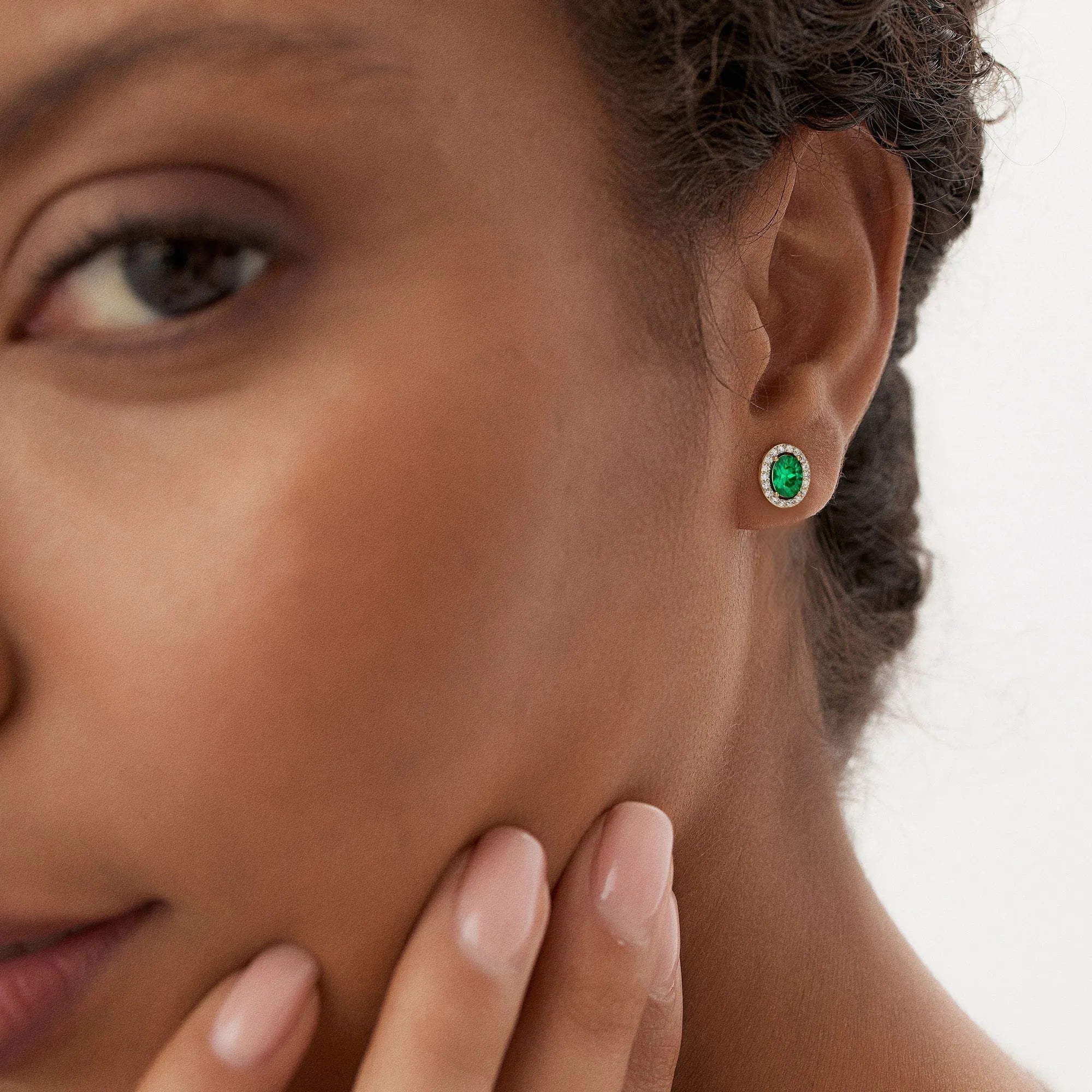 14k Gold Lab Grown Colombian Emerald and Lab Grown Diamond Oval Cut Halo Stud Earrings 1.86 ctw