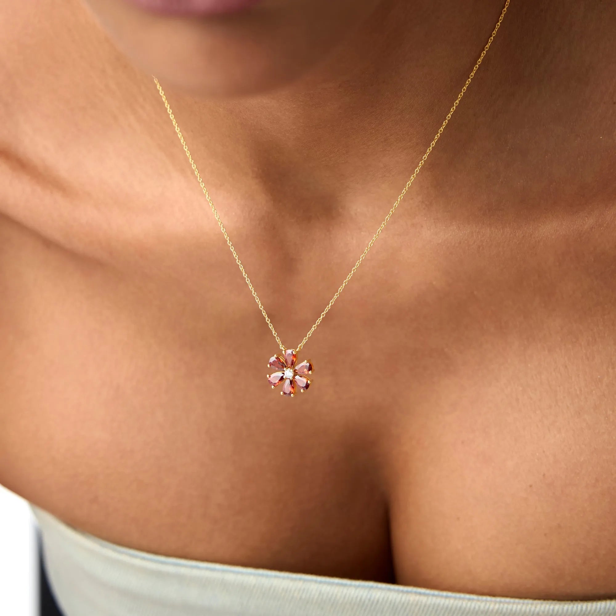 14k Solid Gold Garnet and Diamond Pear and Round Flower Necklace 1.80 Carat