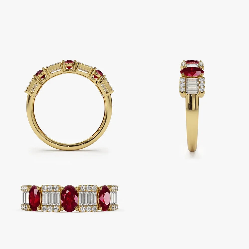 14k Gold Ruby and Diamond Baguette and Round Cut Ring