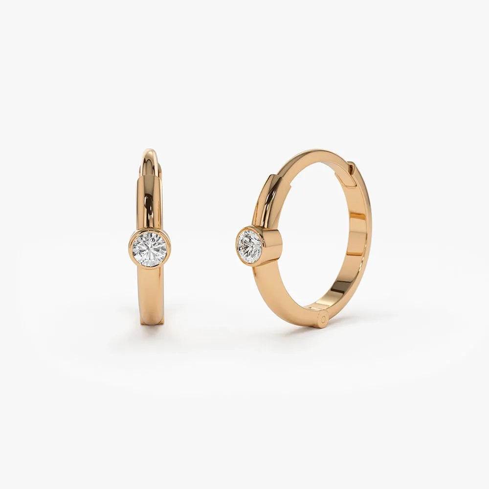14k Gold Diamond Round Cut Bezel Setting Hoop Earrings 0.14 ctw