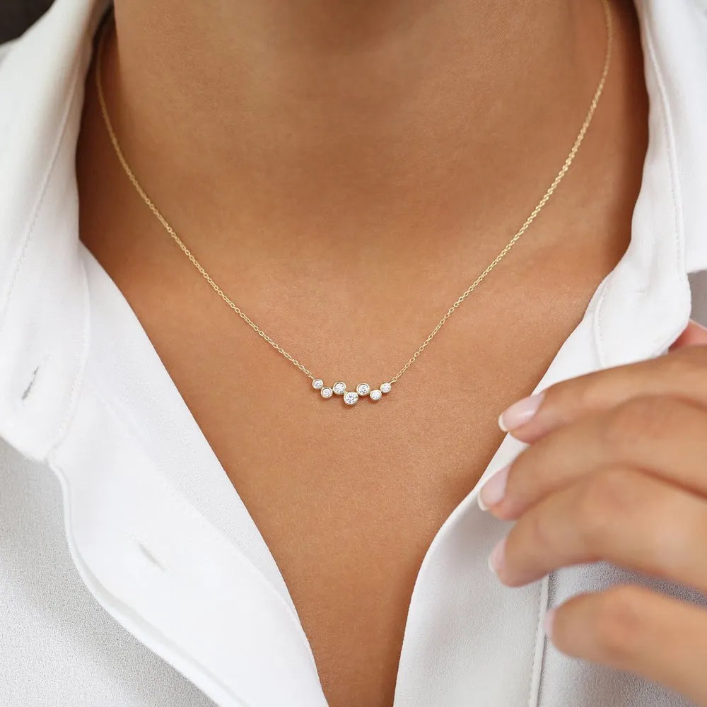 14K Solid Gold Round Diamond 7 Stone Floating Bubble Necklace Bezel Set 0.30ctw