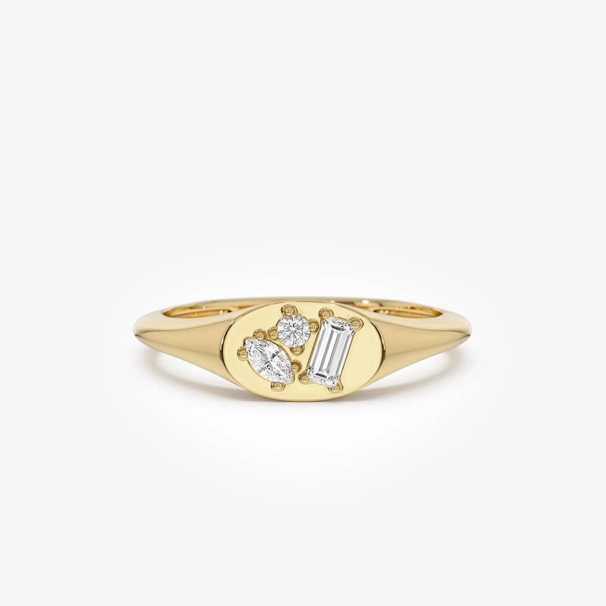14K Solid Gold Mixed Cut Diamond Signet Ring 0.18 ctw Marquise Baguette and Round Natural Diamonds