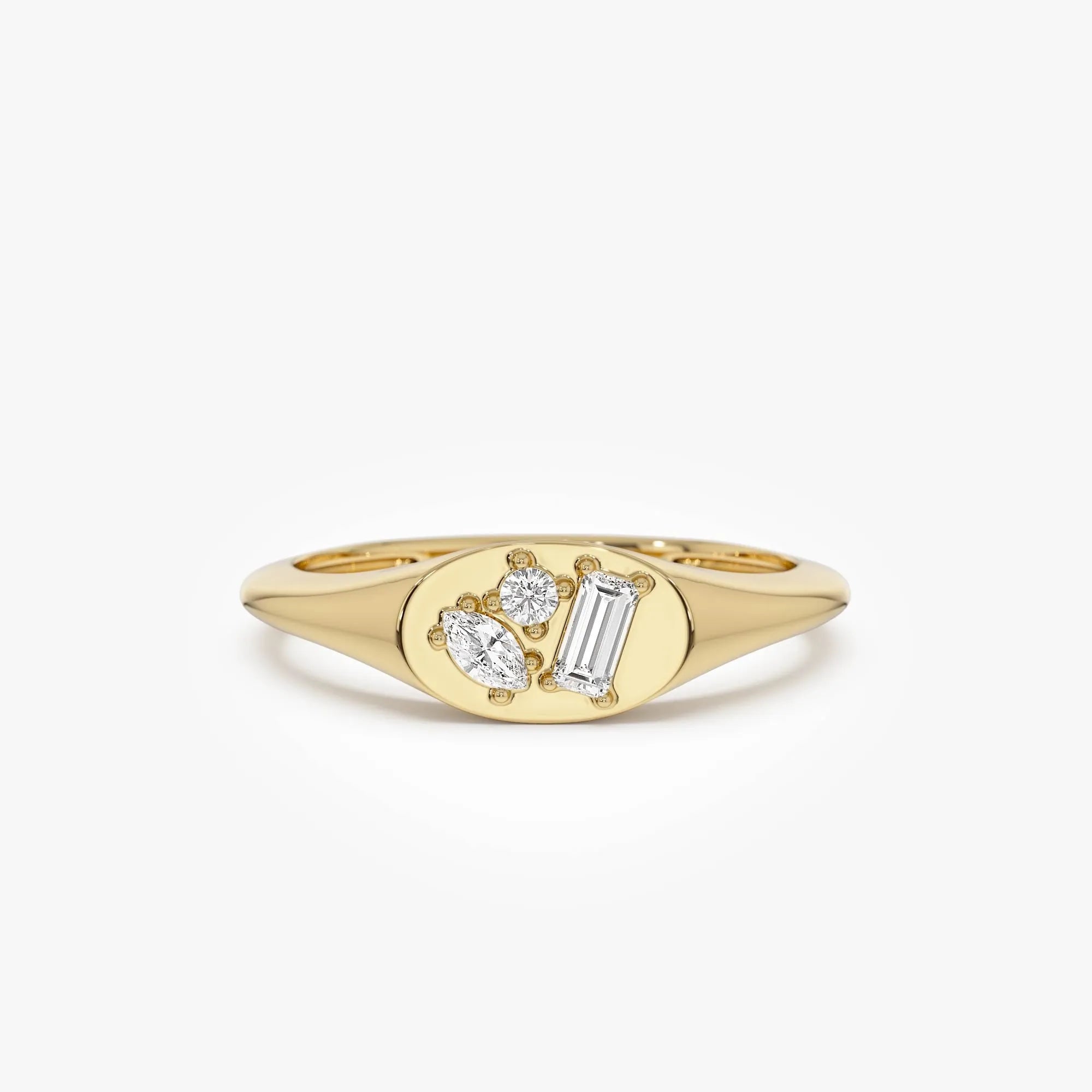 14K Solid Gold Mixed Cut Diamond Signet Ring 0.18 ctw Marquise Baguette and Round Natural Diamonds