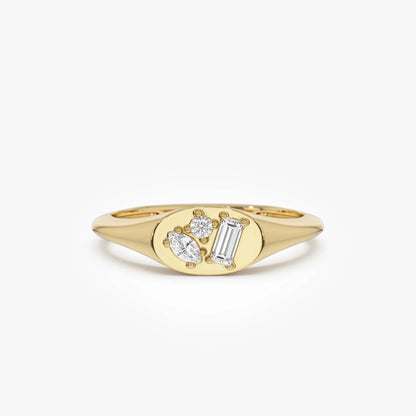 14K Solid Gold Mixed Cut Diamond Signet Ring 0.18 ctw Marquise Baguette and Round Natural Diamonds