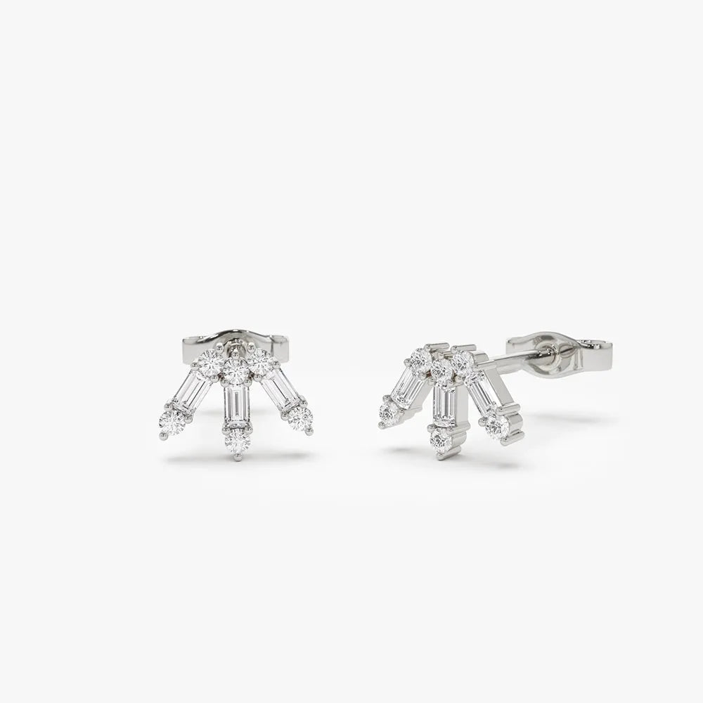 14k Gold Diamond Baguette and Round Cut Spike Stud Earrings Prong Setting 0.25 ctw