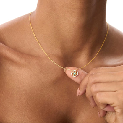 14k Solid Gold Round Emerald 0.10 CTW and Diamond 0.10 CTW Clover Halo Pendant Necklace