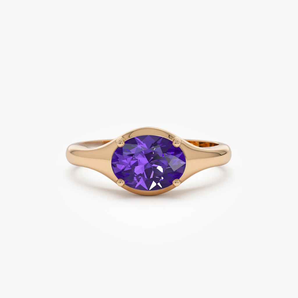 14K Solid Gold Oval Amethyst 0.75ctw Prong Setting Ring