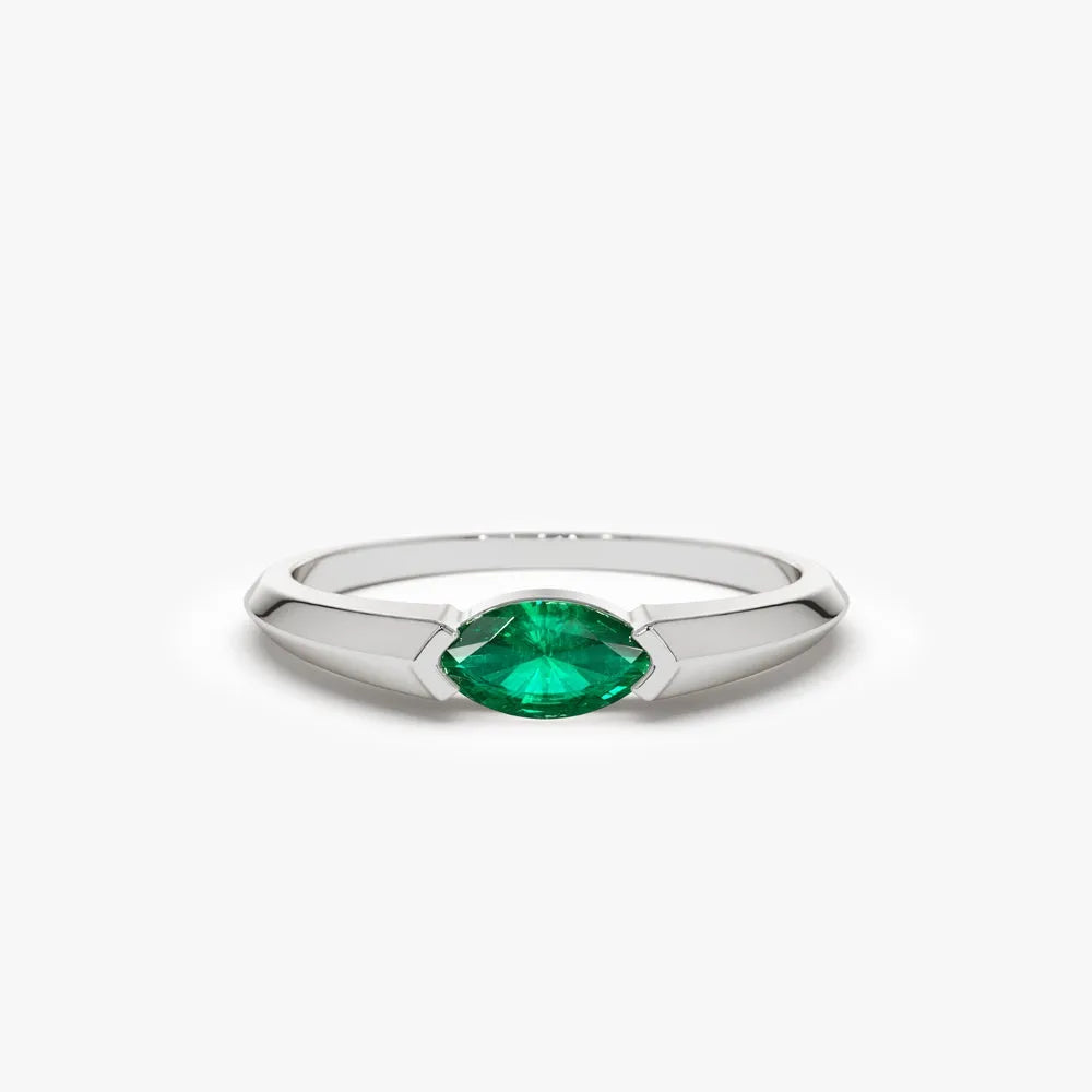 14K Gold Horizontal Marquise Natural Emerald Ring 0.25 CTW Handcrafted Jewelry