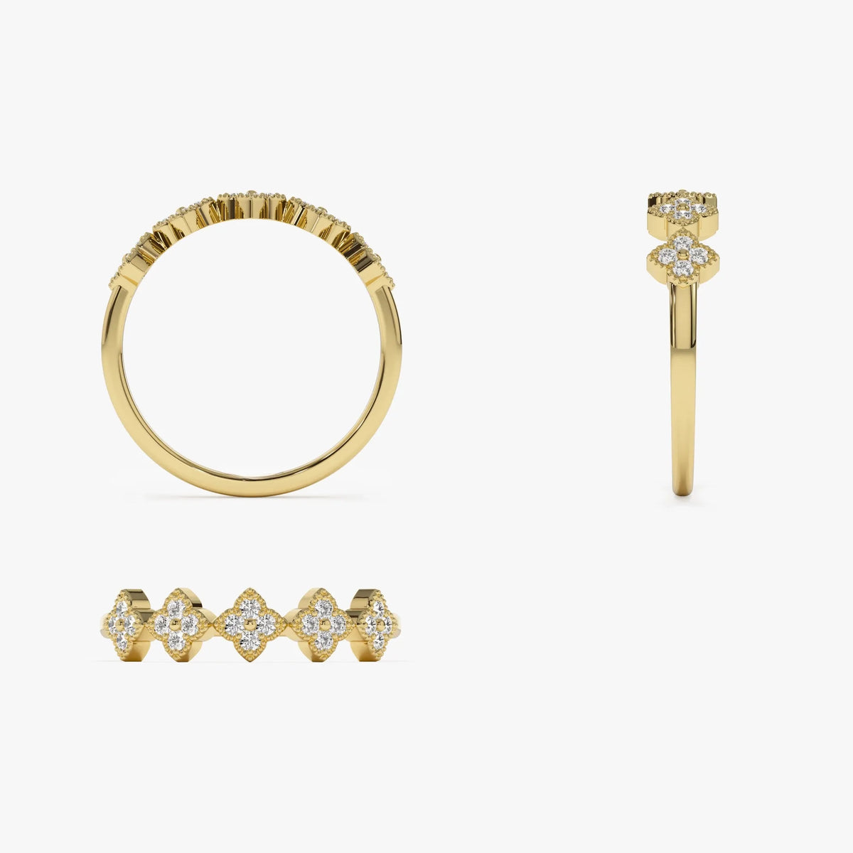 14k Solid Gold Round Diamond Stackable Clover Cluster Ring 0.20 ctw