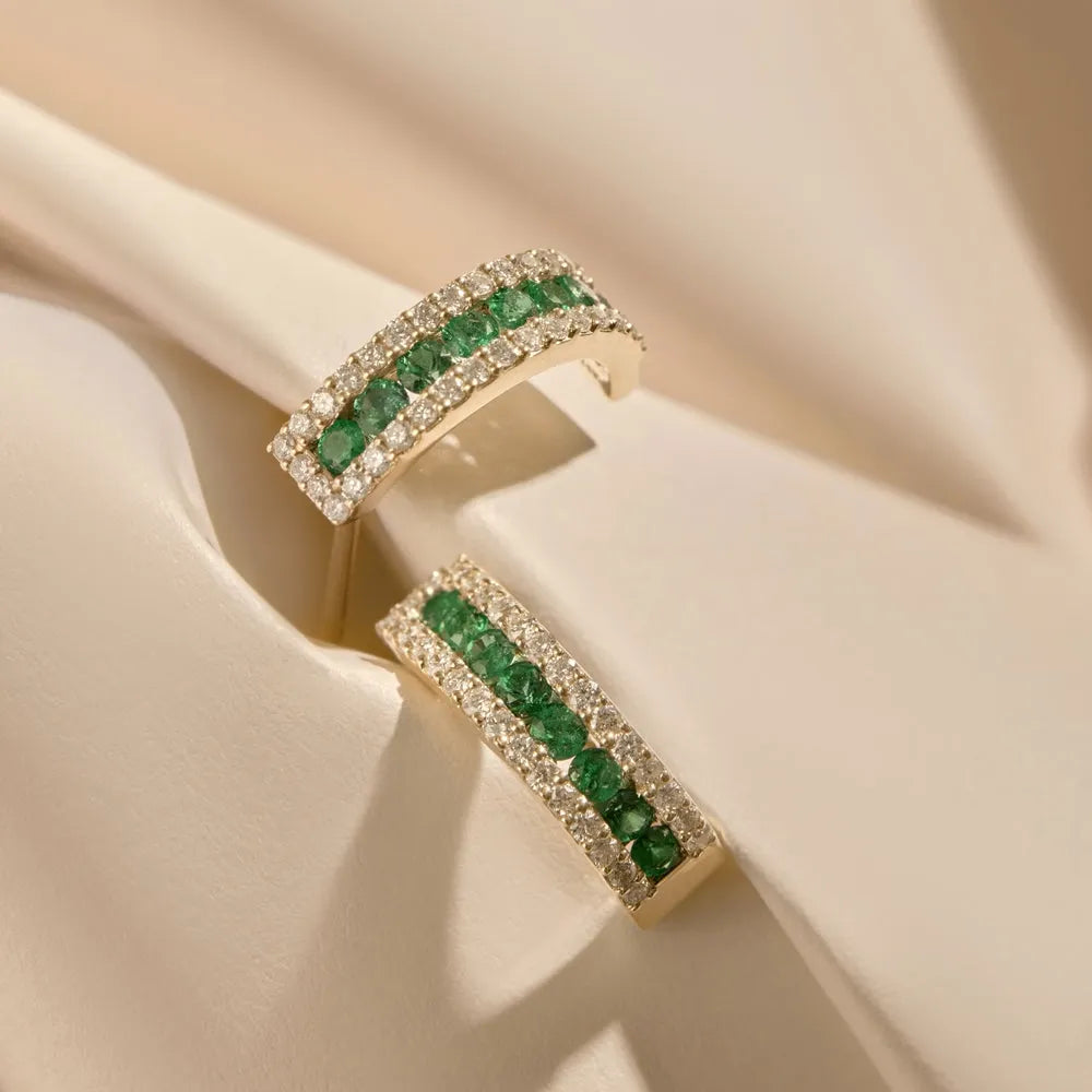 14k Solid Gold Round Emerald and Diamond Hoop Earrings 0.82 ctw