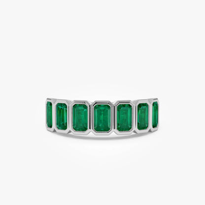 14K Solid Gold Octagon Emerald Seven Stone Bezel Set Ring 2.05 CTW