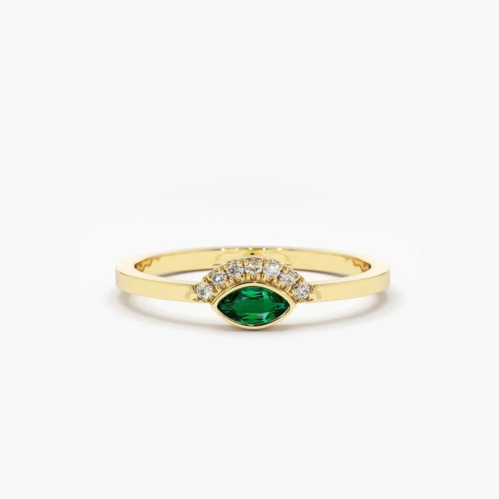 14K Solid Gold Horizontal Marquise Emerald and Round Diamond Eye Ring 0.12 CTW Micro Pave Bezel Set