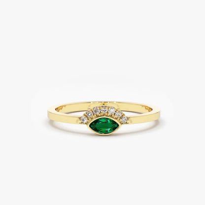 14K Solid Gold Horizontal Marquise Emerald and Round Diamond Eye Ring 0.12 CTW Micro Pave Bezel Set