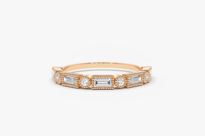 14K Gold Baguette and Round Diamond 0.39 CTW Bezel Set Alternating Band Ring