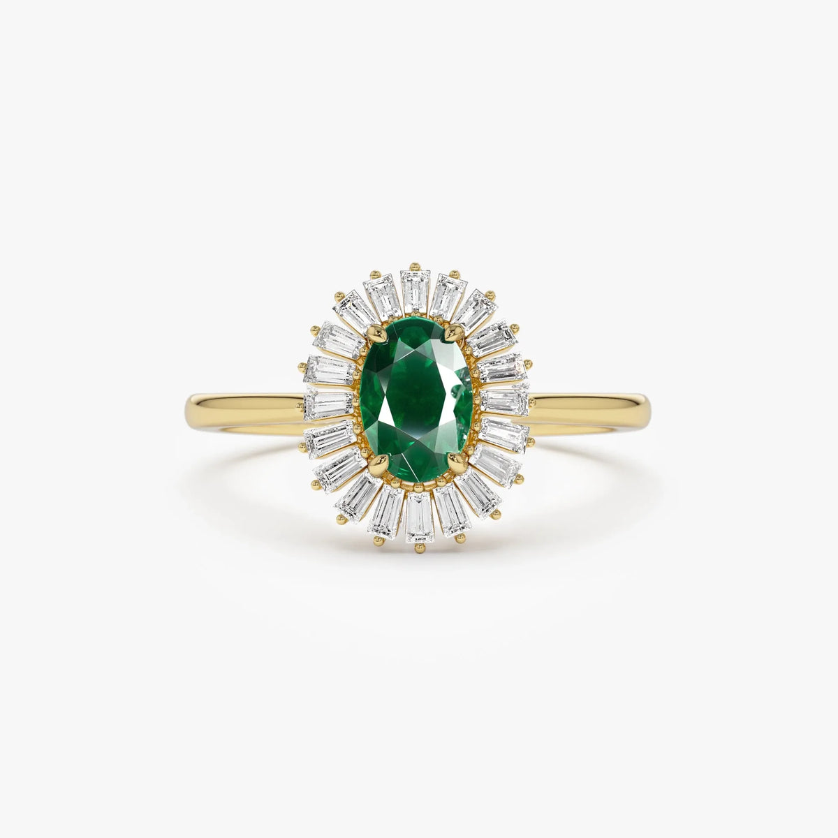 14K Solid Gold Oval Emerald and Baguette Diamond Ballerina Ring 0.65 CTW
