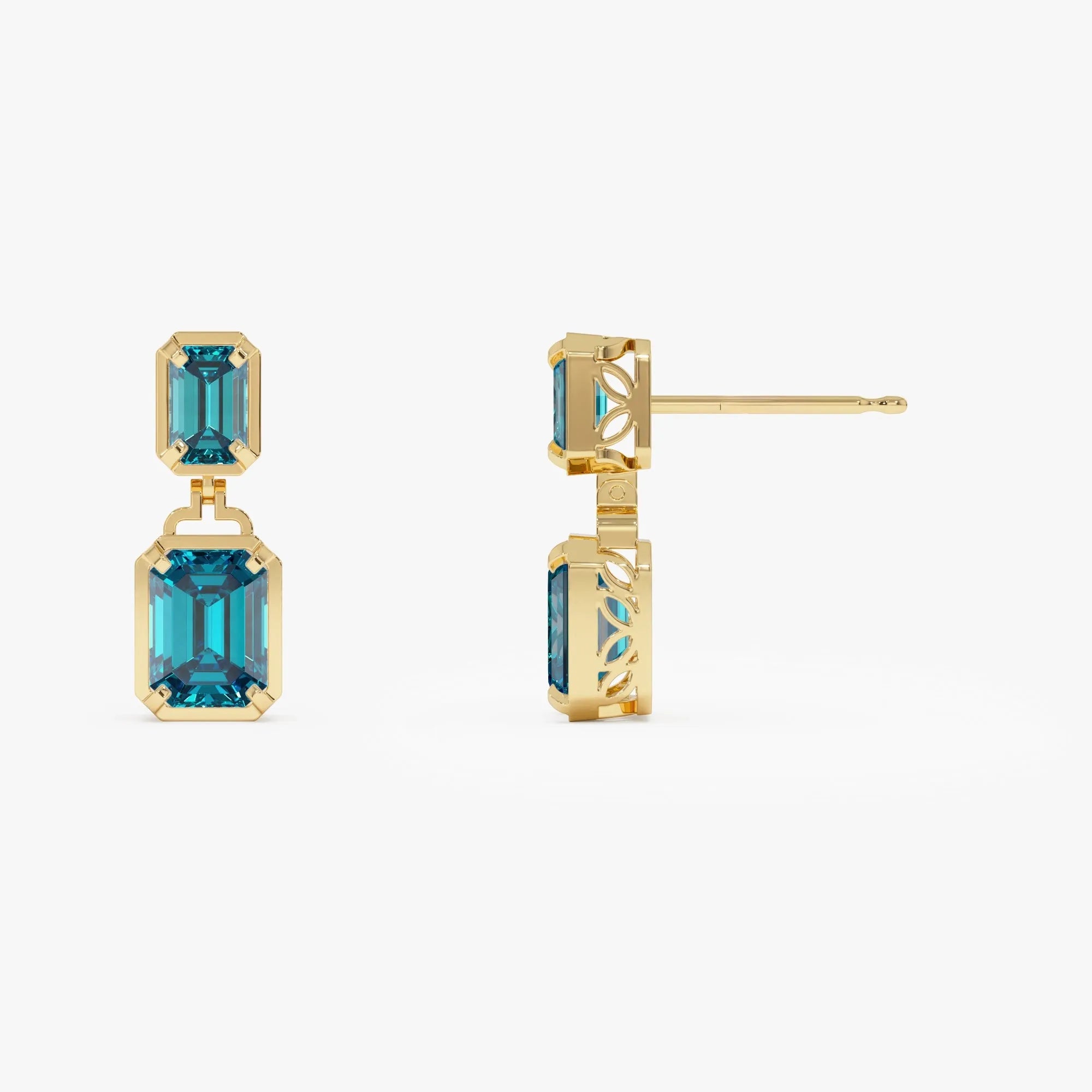 14K Solid Gold Octagon Cut London Blue Topaz Dangle Drop Earrings 3.9ctw