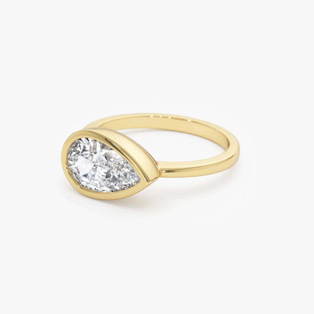 14K Gold 1.50 Carat Lab Grown Diamond Pear Shaped East West Bezel Setting Engagement Ring