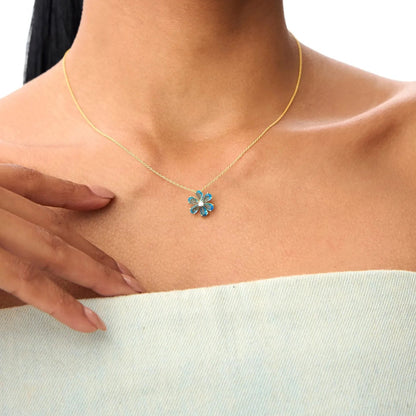 14k Solid Gold London Blue Topaz and Diamond Pear and Round Flower Necklace 1.35 Carat