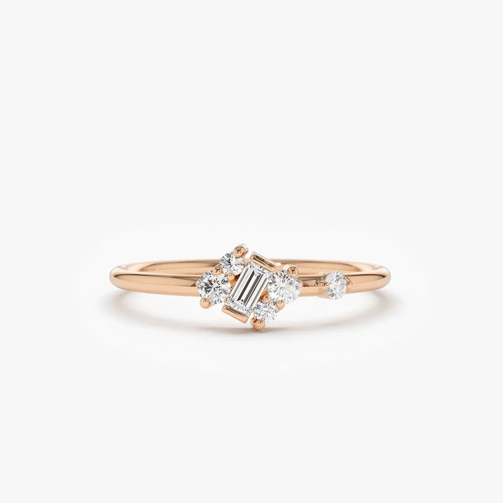 14K Solid Gold 0.15 Ctw Slanted Baguette and Round Diamond Asymmetrical Ring