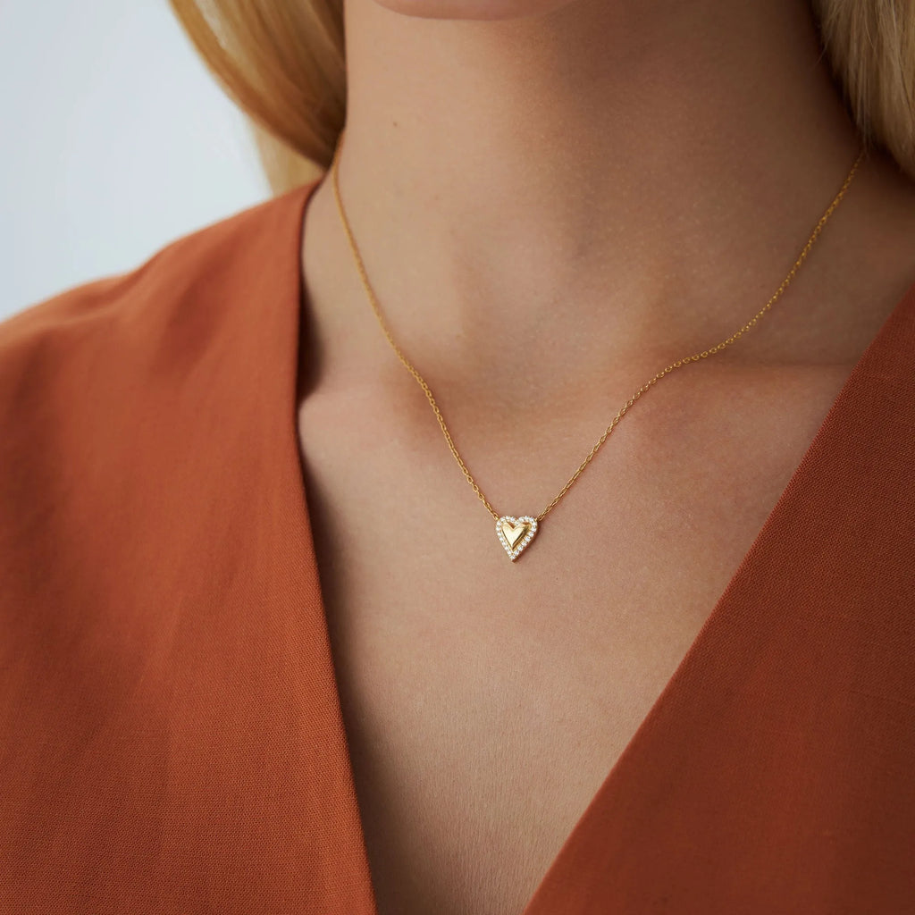 14K Solid Gold 0.12 CTW Round Diamond Puffed Heart Love Necklace