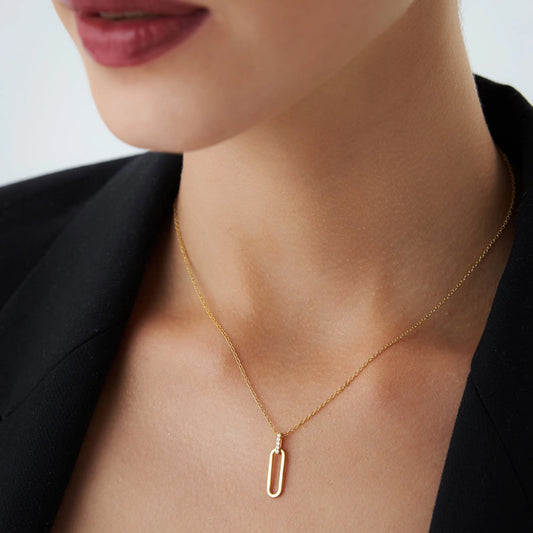14K Solid Gold 0.05 CTW Round Diamond Paper Clip Link Pendant Necklace
