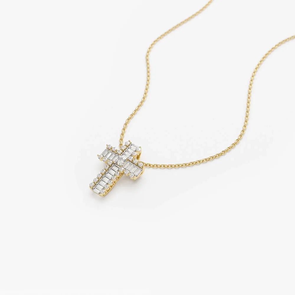 14K Solid Gold Baguette Round and Princess Cut Diamond Cross Pendant Necklace 0.65ctw
