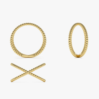 14k Solid Gold Beaded Band Criss Cross Statement Ring