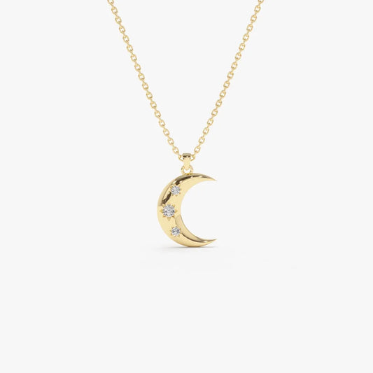 14K Solid Gold Round Diamond Crescent Pendant Necklace Star Setting 0.05ctw