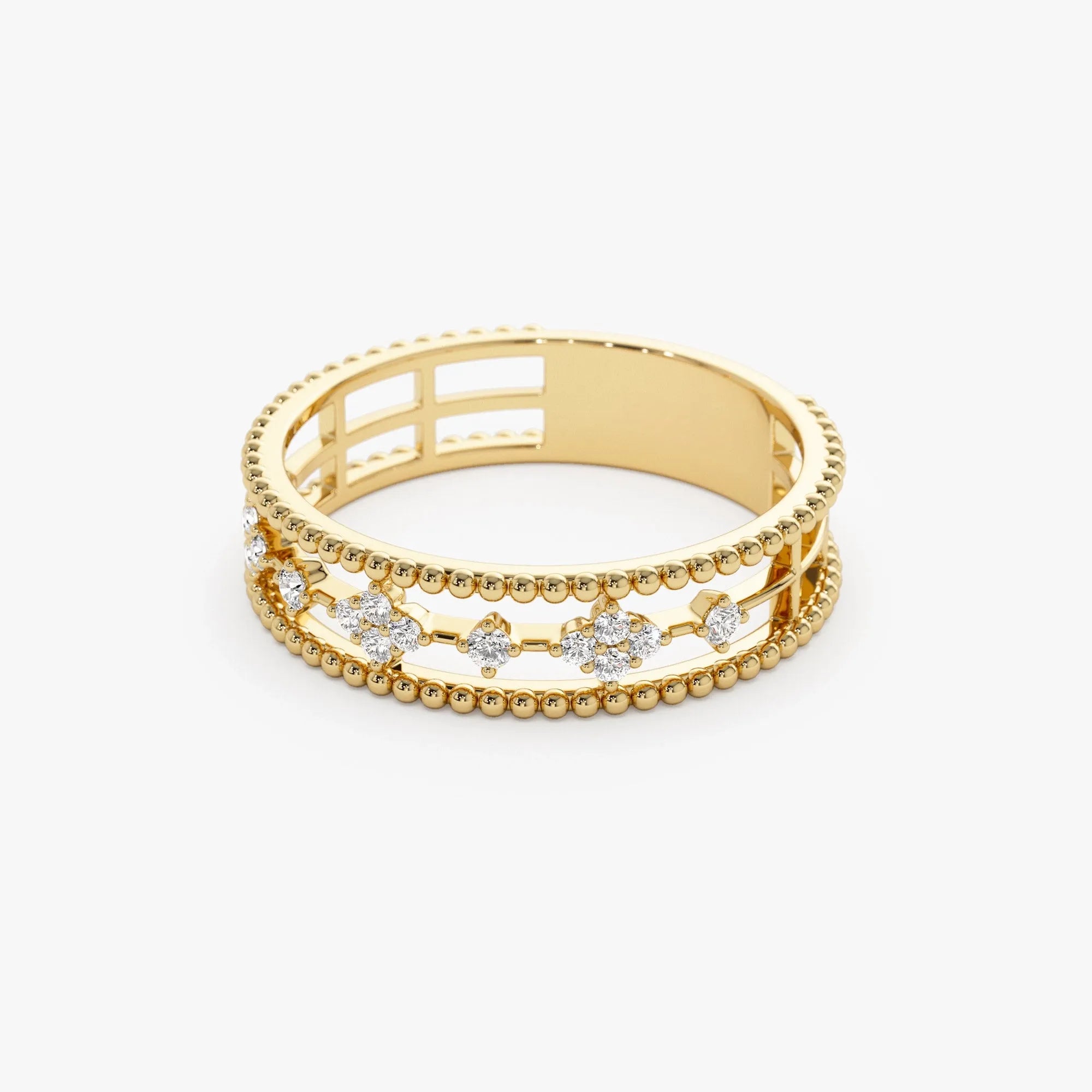 14K Solid Gold Round Diamond 0.15 Carat Beaded Band Statement Ring