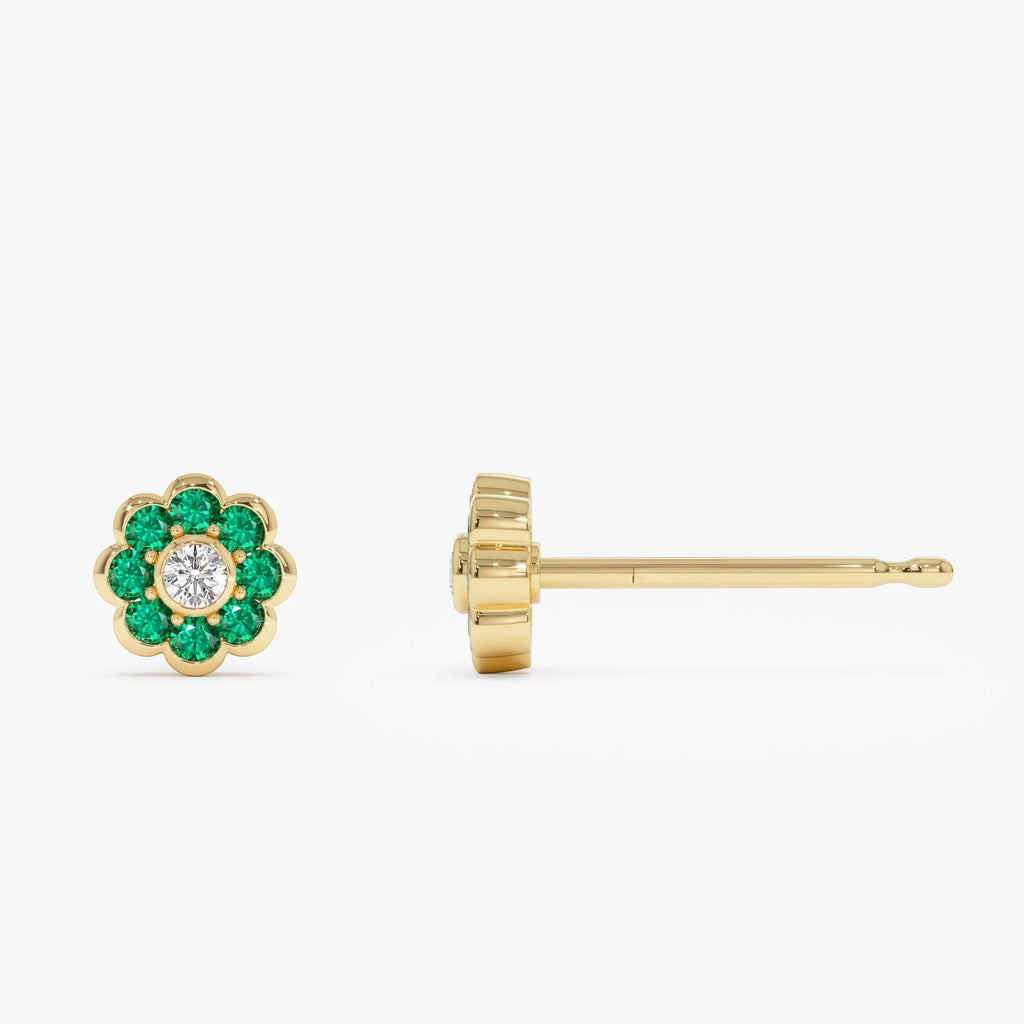 14k Solid Gold Round Emerald and Diamond Flower Bezel Set Stud Earrings 0.49 ctw
