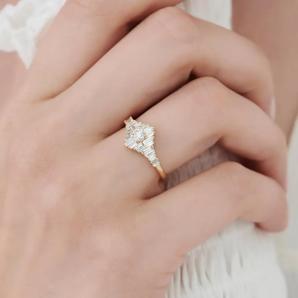 14k Gold Round and Baguette Diamond Art Deco Ring 0.82 ctw