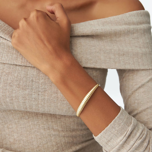14K Solid Gold Wide Chunky Ribbed Bangle Bracelet