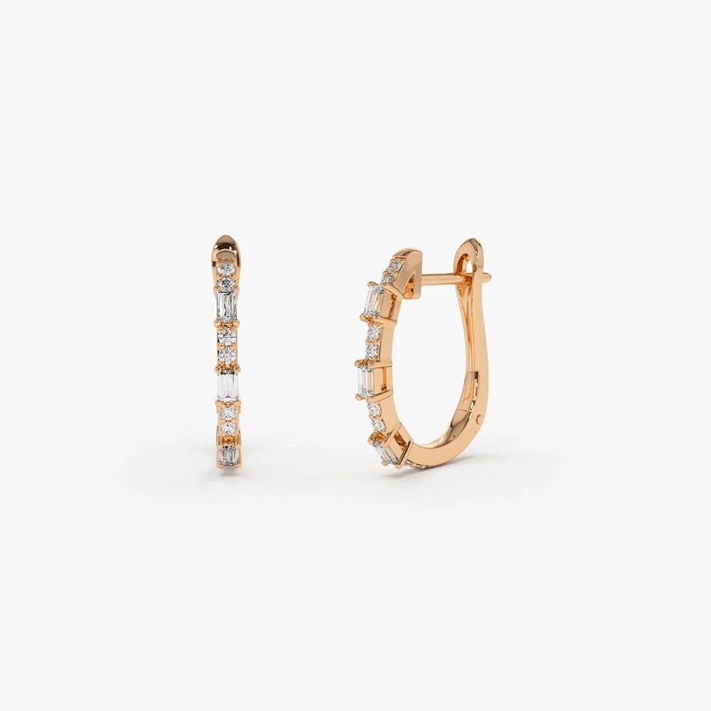 14k Gold Diamond Baguette and Round Cut Earrings 0.28 ctw