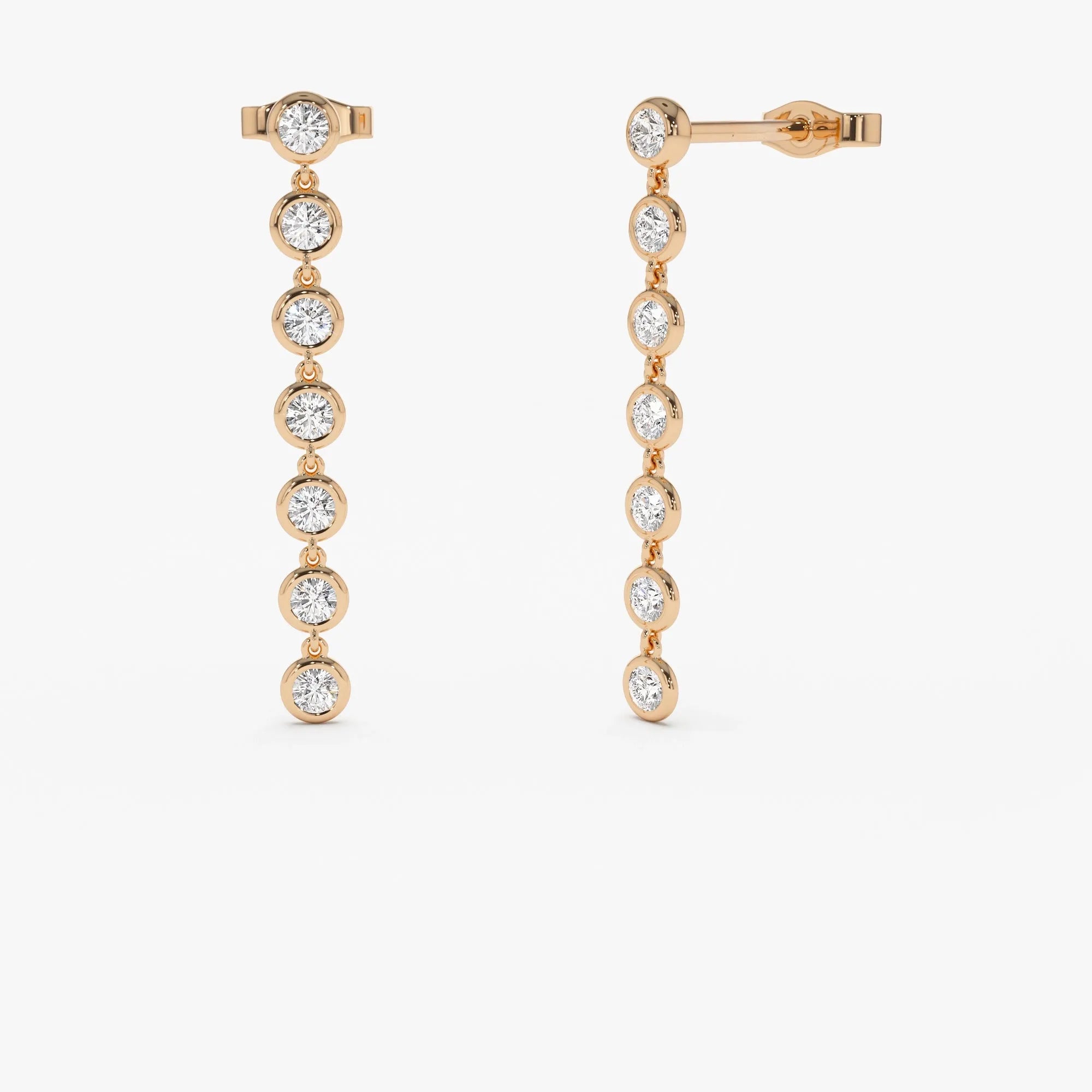 14k Gold Diamond Round Cut Long Drop Earrings Bezel Setting 0.40 ctw