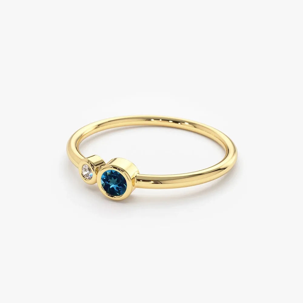 14K Gold Round London Blue Topaz and Diamond 0.18ctw Bezel Set Ring