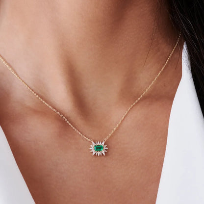 14k Solid Gold Emerald Cut Emerald 0.25 CTW and Tapered Baguette Diamond 0.25 CTW Pendant Necklace