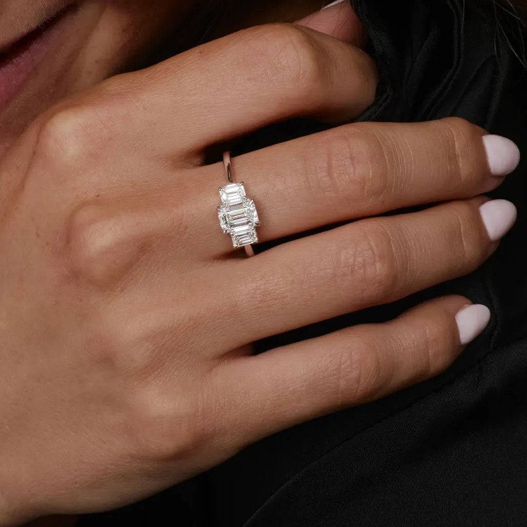 14k Gold 1.50 ctw Lab Grown Diamond Emerald Cut Three Stone Engagement Ring
