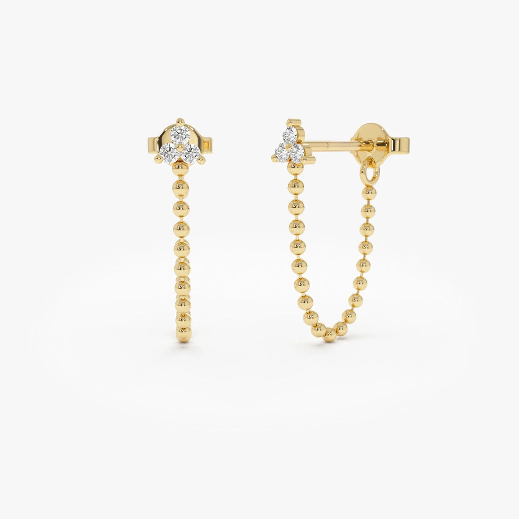 14k Gold Diamond Round Cut Trio Beaded Dangling Earrings 0.11 ctw
