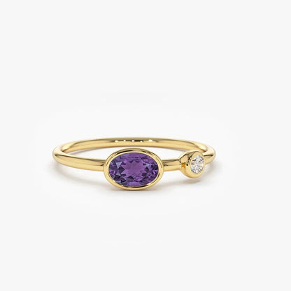 14K Solid Gold Oval Amethyst and Diamond 0.52ctw Bezel Set Ring