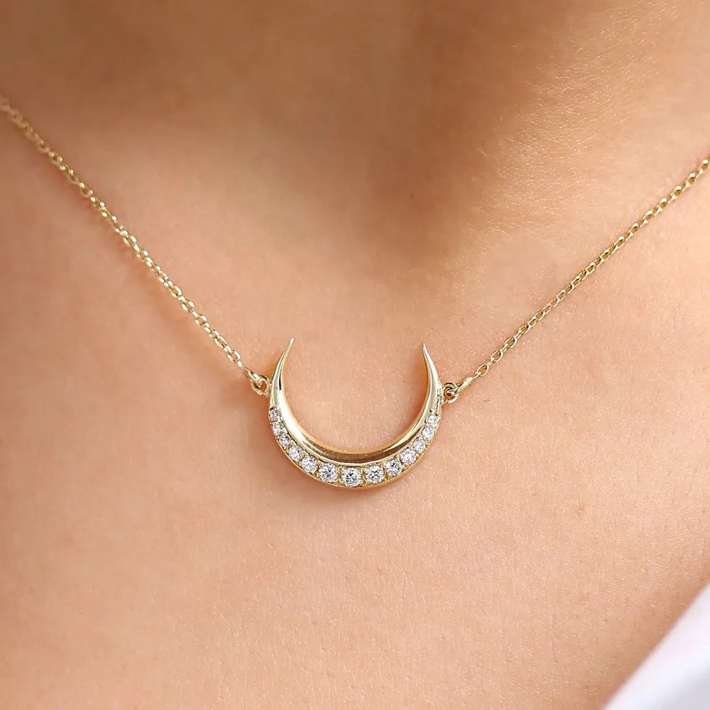 14K Solid Gold Round Diamond Micro Pave Horizontal Crescent Moon Necklace 0.26ctw