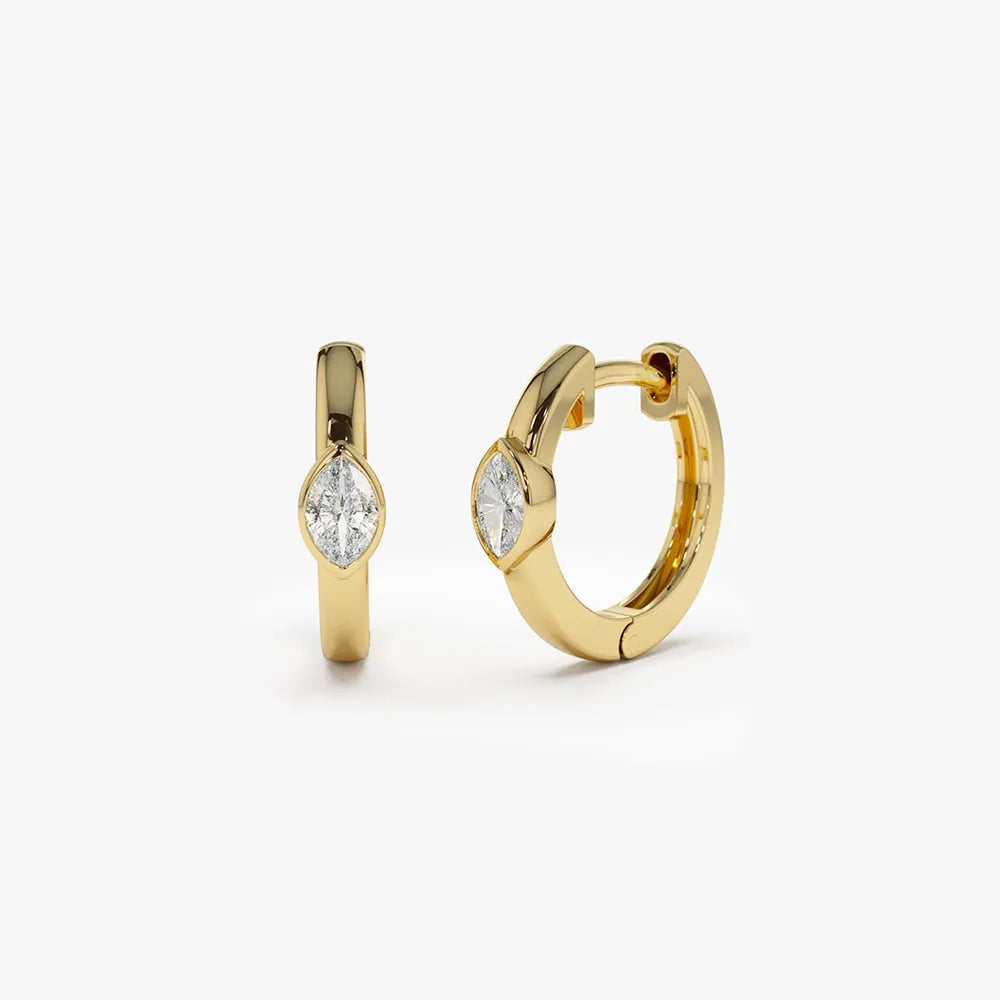 14k Gold Diamond Marquise Cut Bezel Setting Mini Hoop Earrings 0.13 ctw