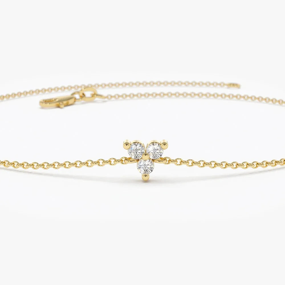 14K Solid Gold Round Diamond Three Stone Floating Triangle Bracelet Prong Setting 0.09 Carat