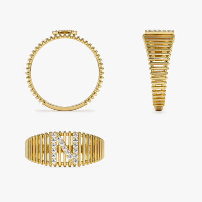 14K Solid Gold Round Diamond Ribbed Cage Initial Ring Personalized Custom Jewelry