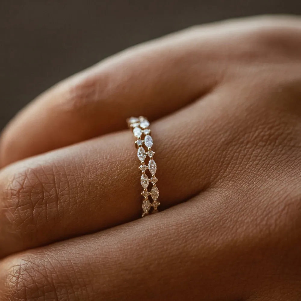 14k Gold Diamond Marquise and Round Double Row Alternating Shared Prong Ring 0.55 Carat