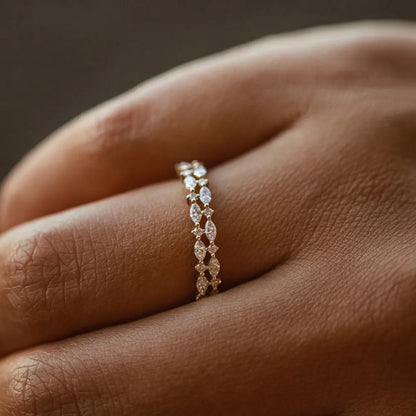 14k Gold Diamond Marquise and Round Double Row Alternating Shared Prong Ring 0.55 Carat