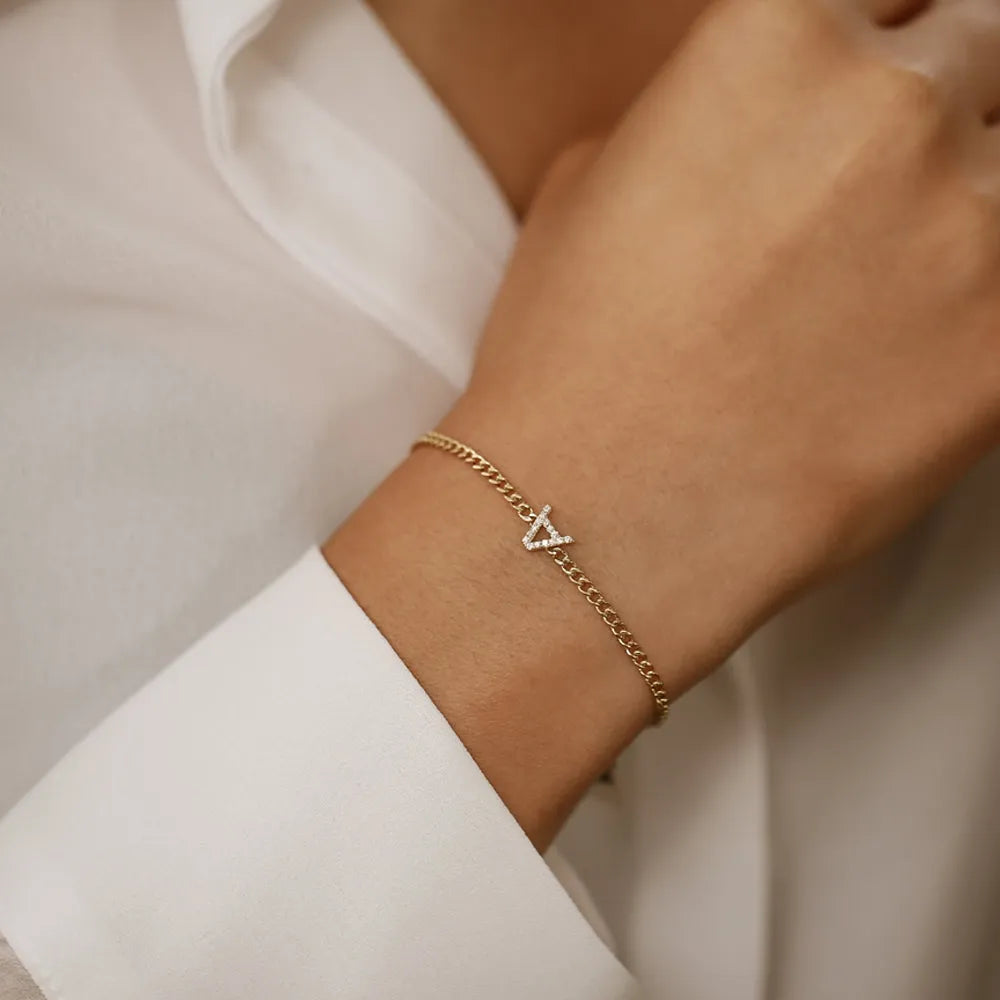 14K Solid Gold Round Diamond Initial Curb Link Bracelet Micro Pave 0.15 Carat